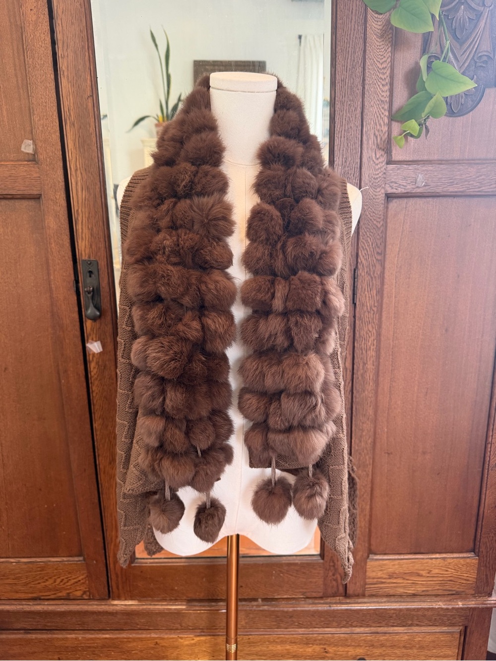 Boho Luxe Brown Fur Trim Knit Vest Après Ski Western M